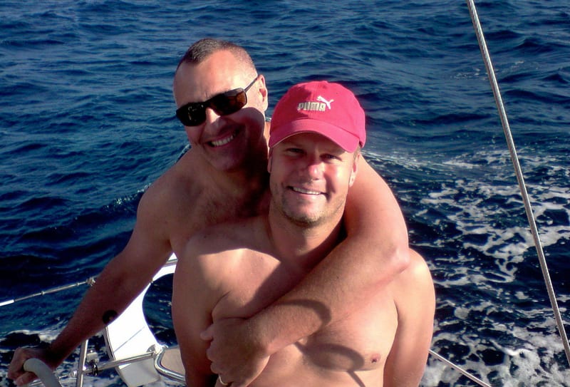 Henri and Barrie sailing off Mykonos