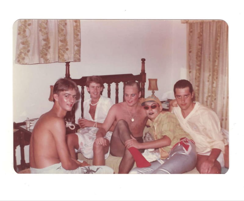 Albie, Stephen Pritchard, Wally Haywood, Bernard Hatch and Henry getting ready for a Rocky Horror party