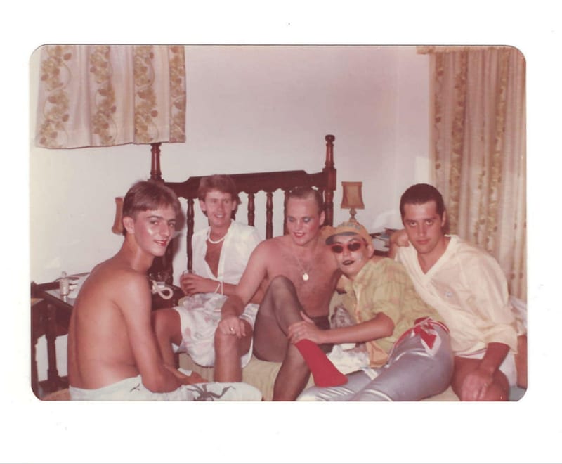 Albie, Stephen Pritchard, Wally Haywood, Bernard Hatch and Henry getting ready for a party at Albie's parents house