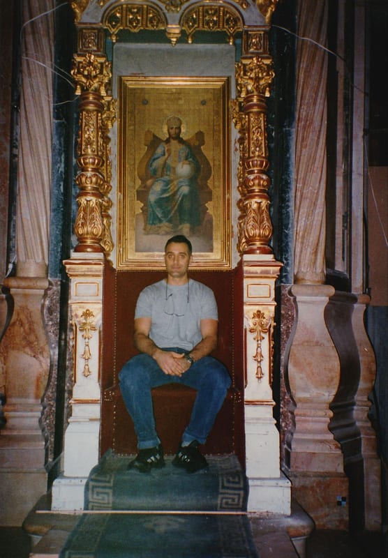 Henri on the Bishop's throne, The Church of the Holy Sepulchre, Jerusalem, Israel