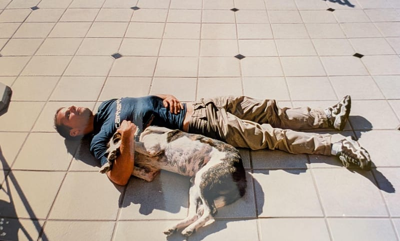 Barrie Hadfield and dog. New Years day 1997, Cape Town